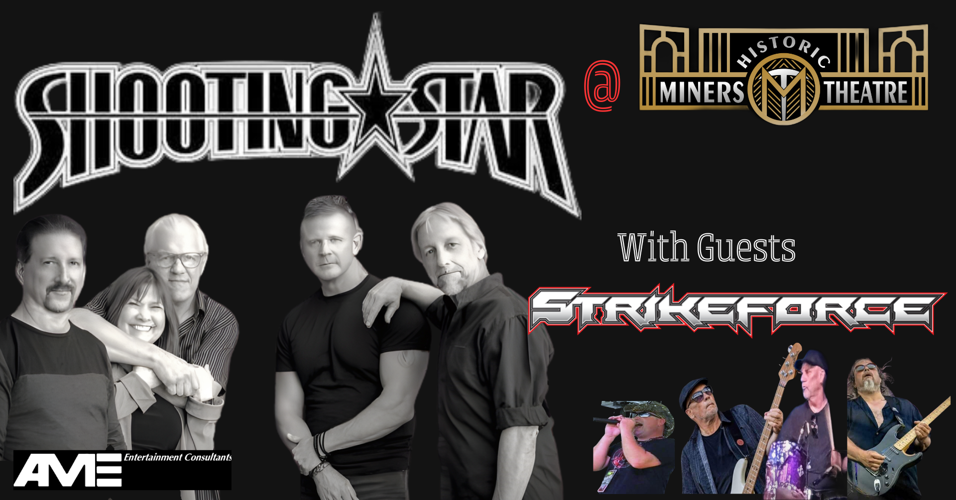 Concert flyer black background with musicians from Shooting Star Strikeforce and guitars