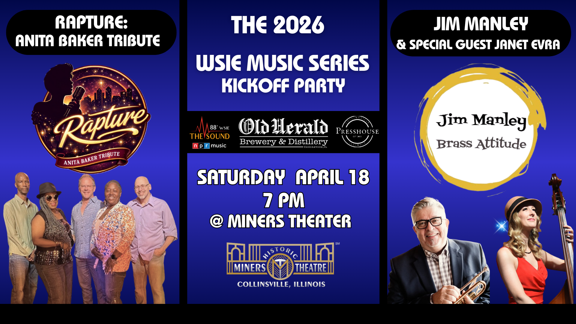 Concert flyer for 2026 WSIE Music Series Jazz Appreciation Month Kickoff Party with blue background and white text. Contains images of musicians Janet Evra, Anita Baker Tribute, ans Jim Manley and and musical instruments.