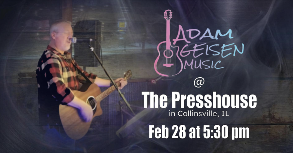Flyer for live music by Adam Geisen at Presshouse with a man wearing red and black plaid shirt playing acoustic guitar and singing into microphone.