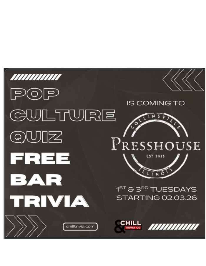 Gray scale flyer for Pop Culture Quiz FREE Bar Trivia at Presshouse