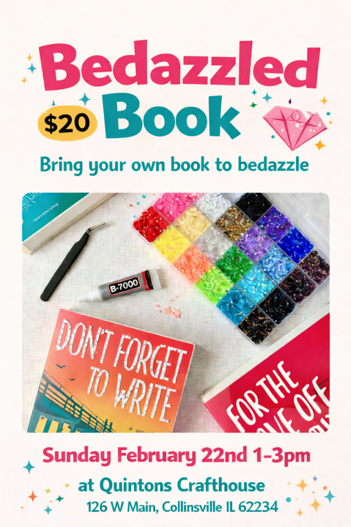 Flyer for Bedazzled Book Class with pink and blue font and images of glitter, books, and craft supplies