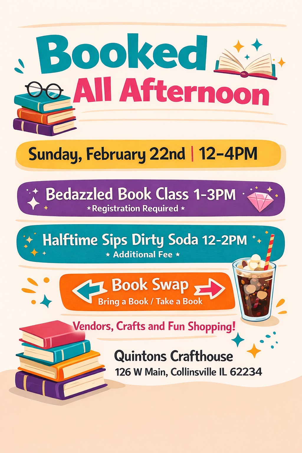 Booked All Afternoon event flyer in bold colors with images of books, glasses, a soda, and a gem