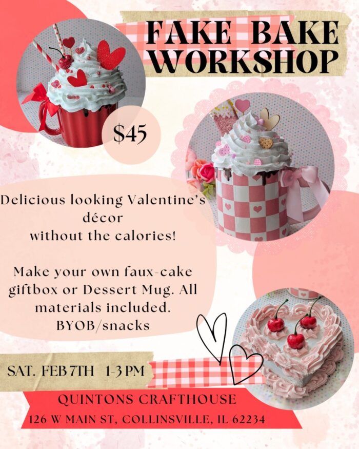 Flyer for Fake Bake Workshop in shades of pink, red, and white with images of artificial desserts
