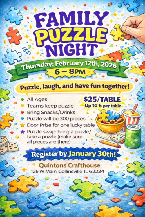 Colorful flyer for Family Puzzle Night with images of puzzle pieces and snacks