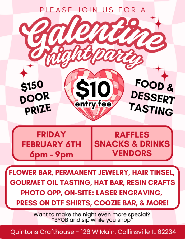 Pink and white Galentine Night Party flyer with red, white, and black text and an image of a heart with a disco ball pattern