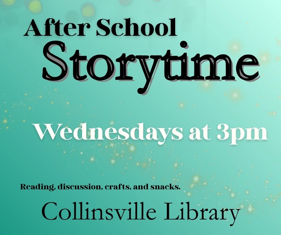 Flyer for After School Storytime on pale green background with black and white text
