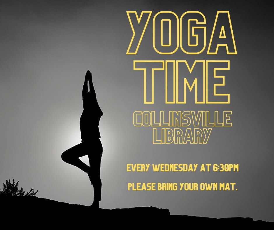 Black, yellow, and gray flyer for Yoga Time event with silhouette of person in yoga pose