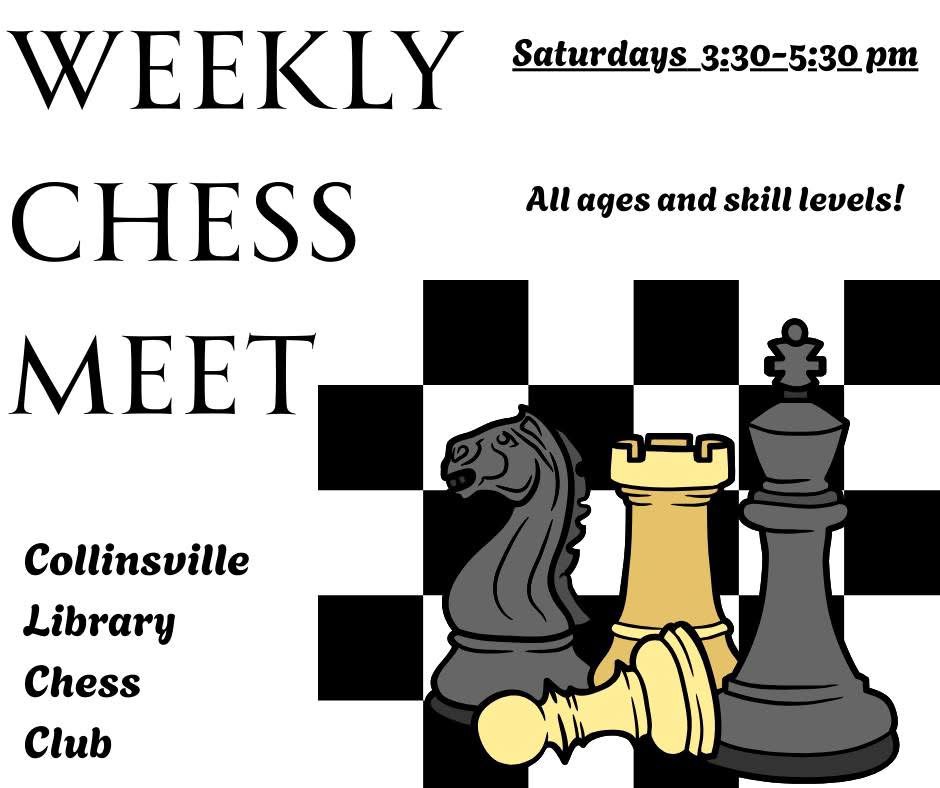 Weekly chess Club Meet flyer with images of chess board and knight, rook, pawn, and king chess pieces in black, white, gray, and yellow