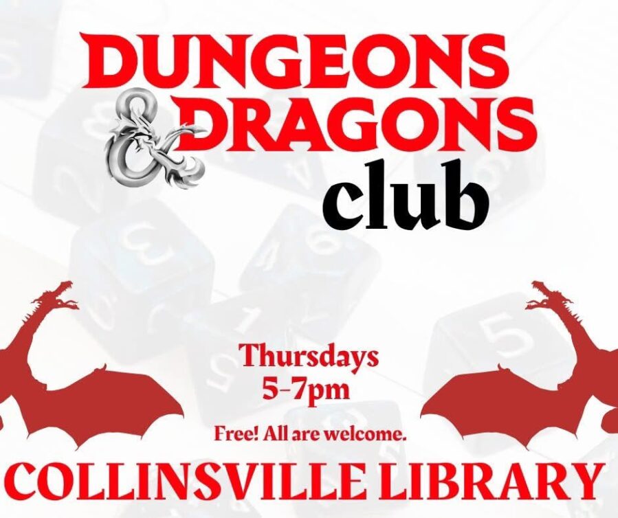 Dungeons and Dragons Club flyer with red and black text, images of dice and dragons