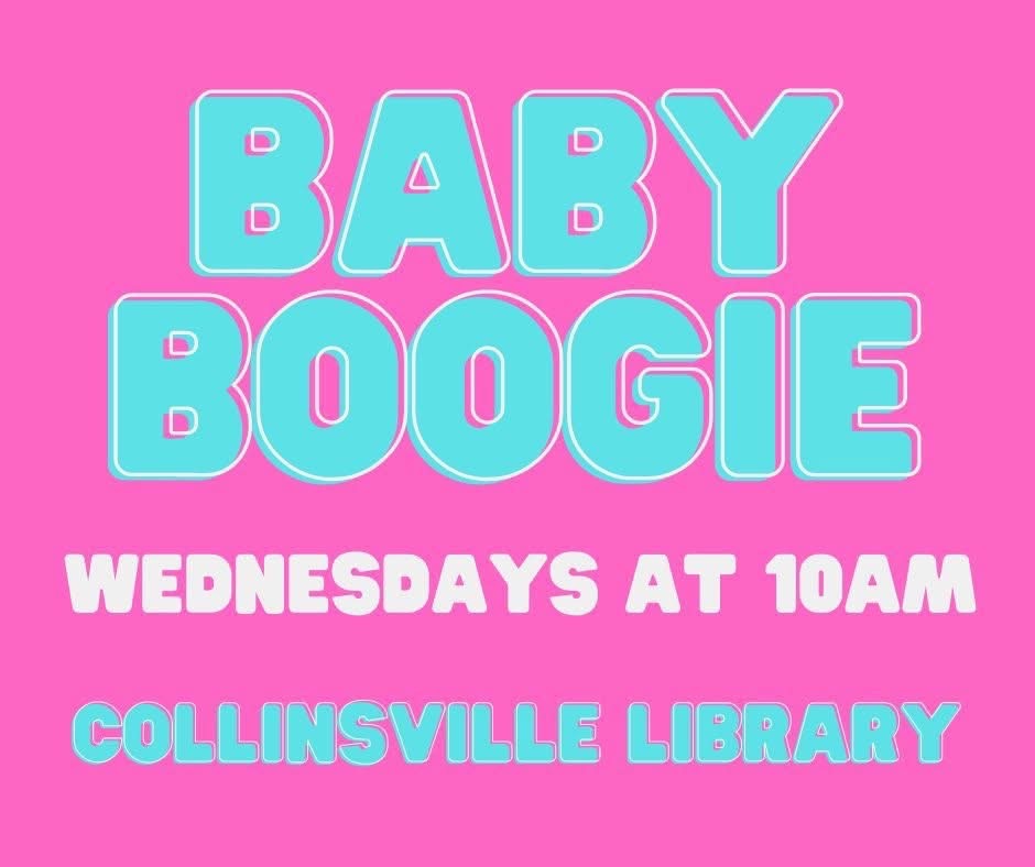 Hot pink flyer for Baby Boogie at the Collinsville Memorial Library with turquoise blue and white text