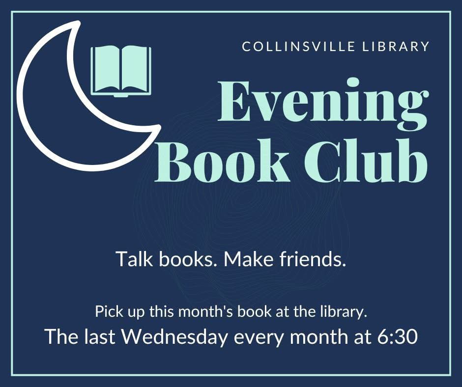 Flyer for evening book club event with navy blue background and light blue text. Picture of a book and crescent moon.
