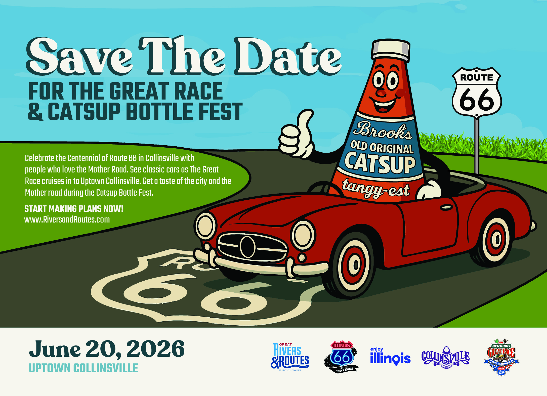 Flyer for the Great Race and Catsup Bottle Festival with image of Brooks catsup bottle driving a vintage convertible on RT66