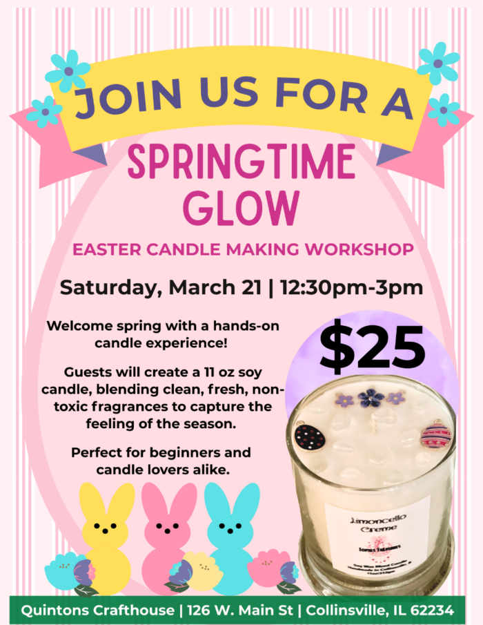 Pink flyer for Springtime Glow Candle class with images of pastel flowers, bunnies, and a candle