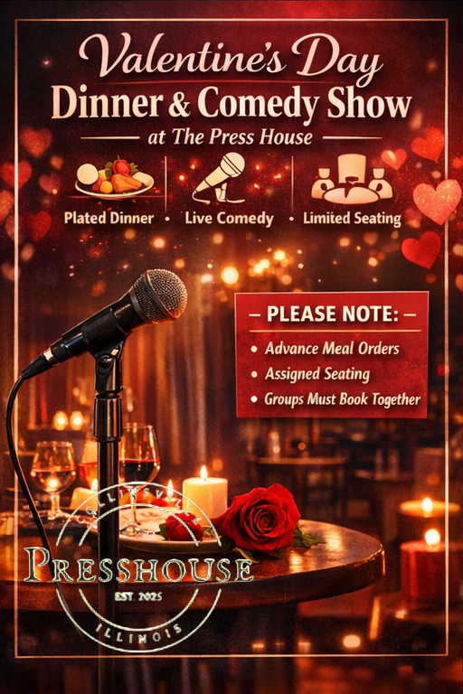 Flyer for Valentines Day Dinner and Comedy Show with images of wine, candles, roses, microphones, and hearts