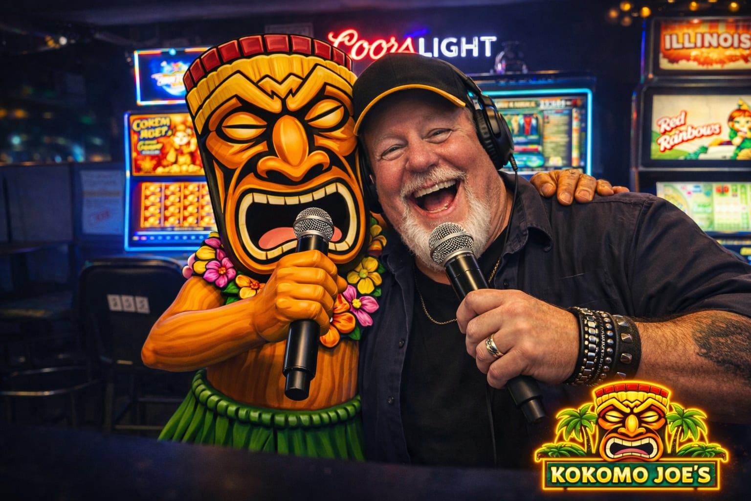 Image of man with beard and a tiki god singing karaoke into microphones at Class Act Karaoke Fridays at Kokomo Joe's..