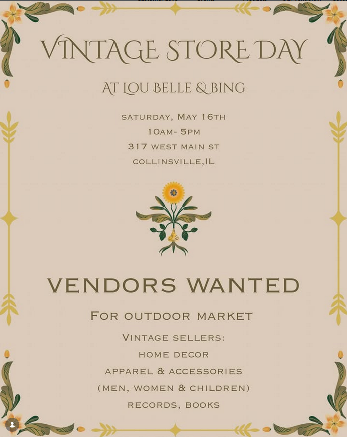 Tan flyer for vintage store day at Lou Belle and Bing with yellow and green accents.