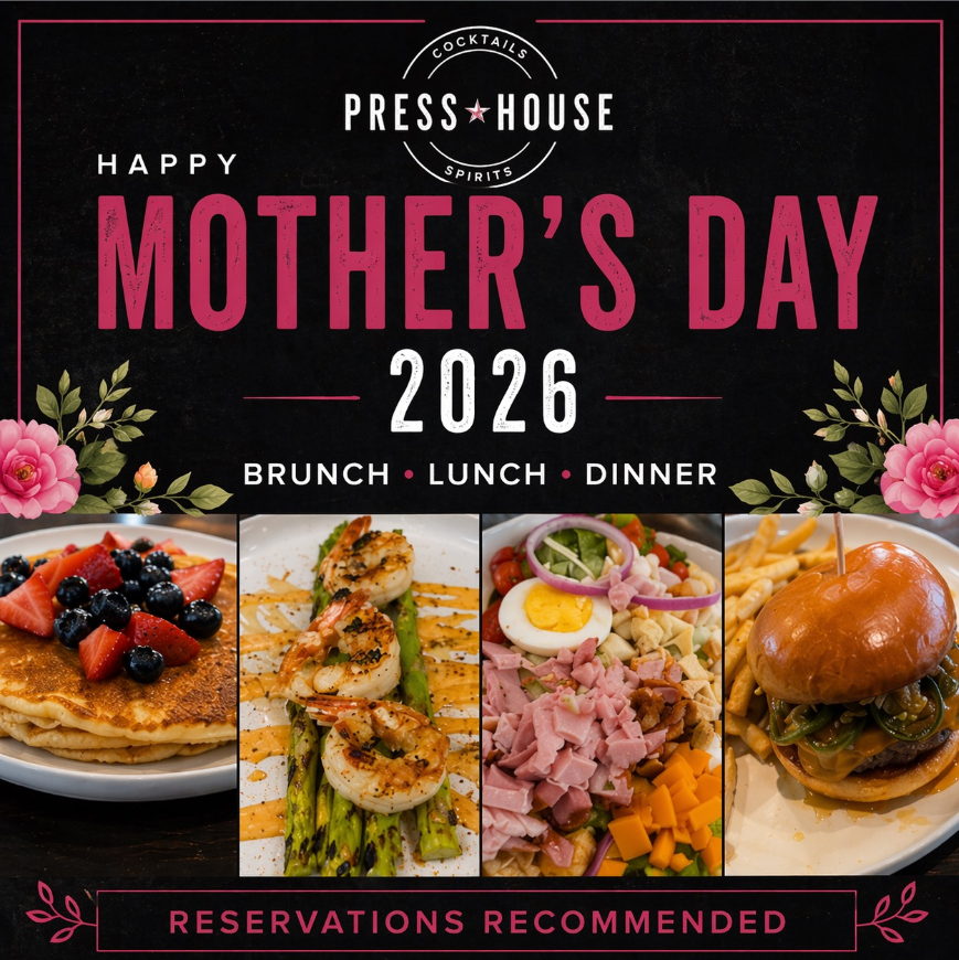 Black flyer with pink and white text for Mother's Day at Press House with images of pancakes, shrimp, asparagus, salad, and burger.