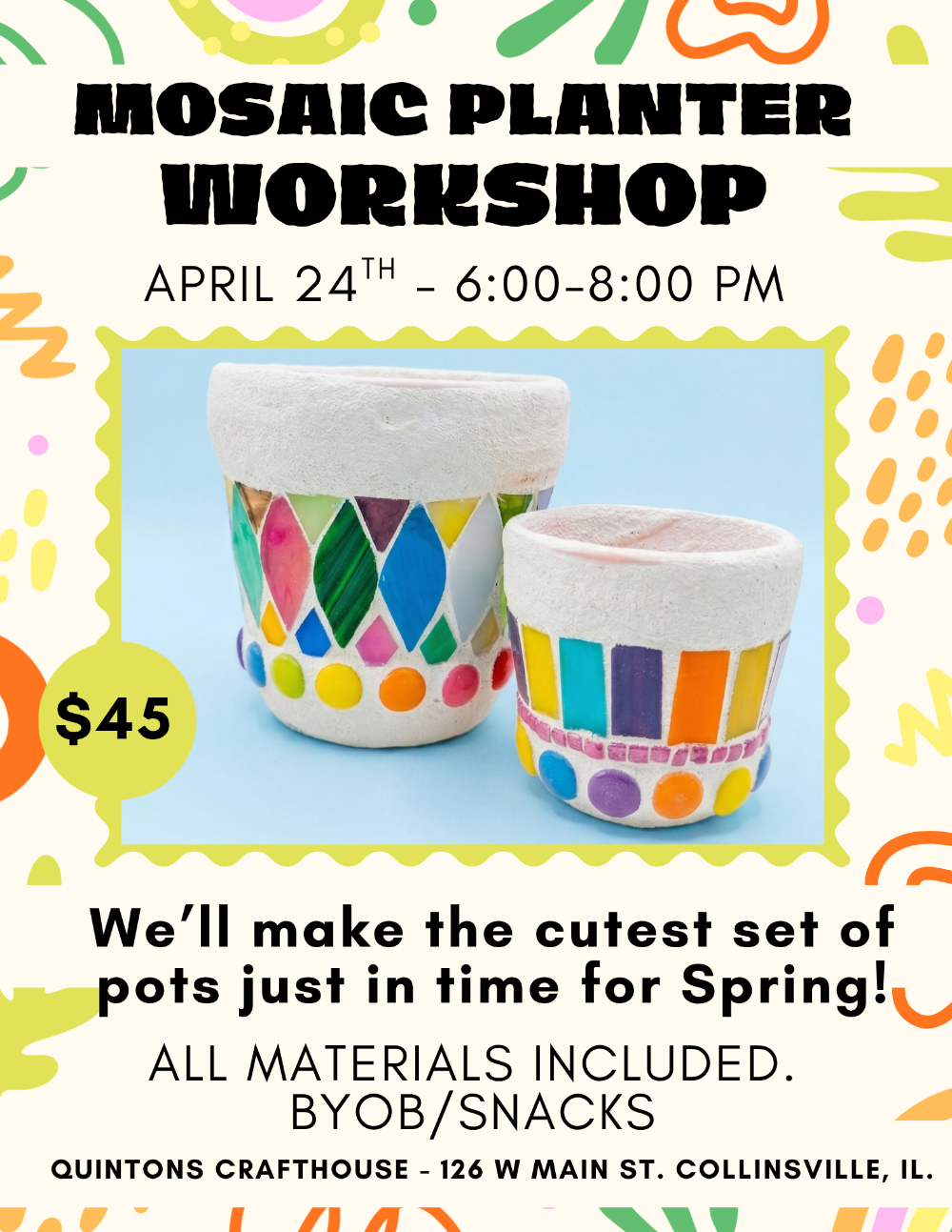 Colorful flyer for mosaic planter workshop with two mosaic pots