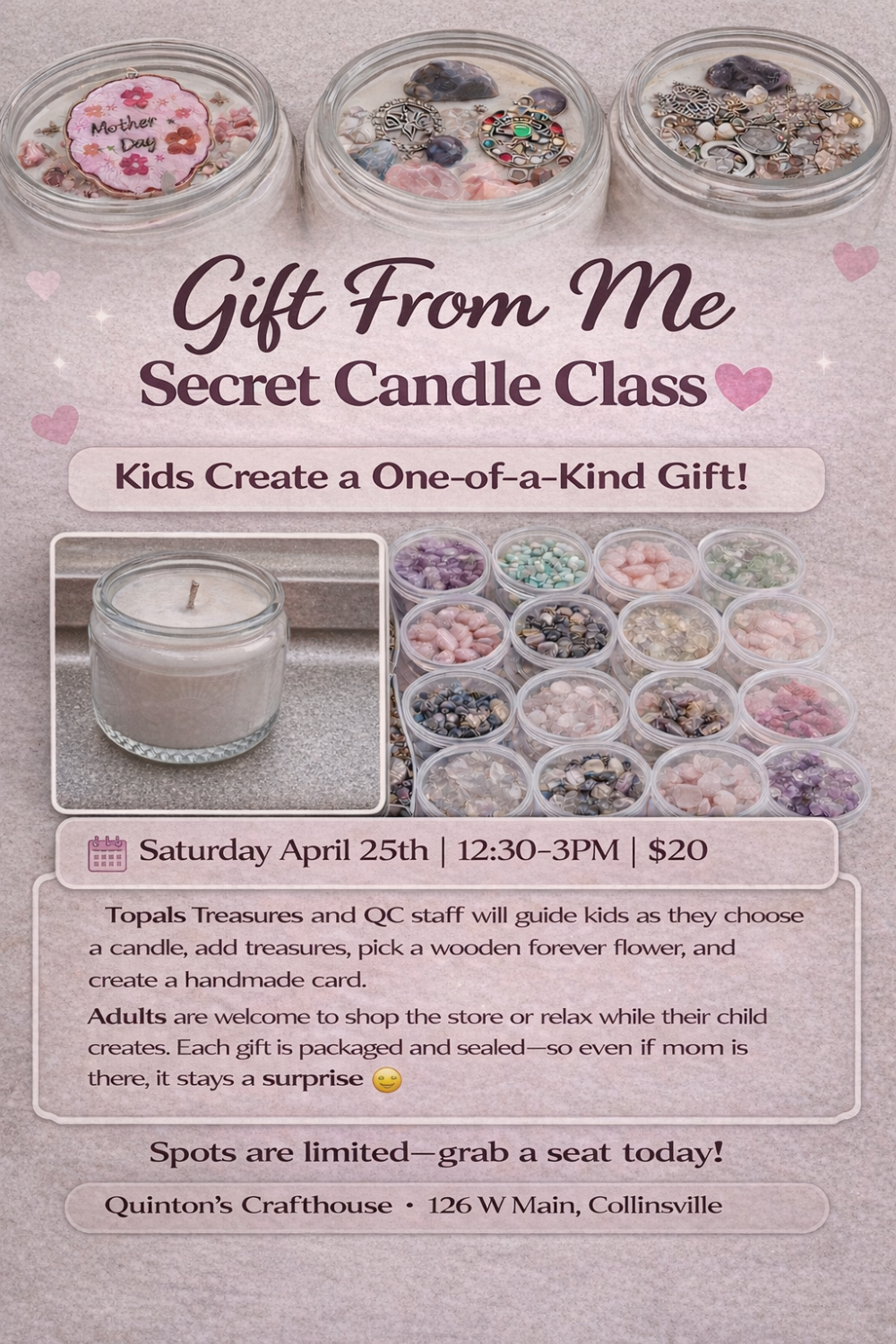 Pastel colored flyer for a candle making class at Quintons Crafthouse
