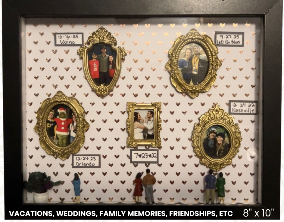 Flyer for shadow box making class at Quintons Crafthouse with image of frame containing mementos.