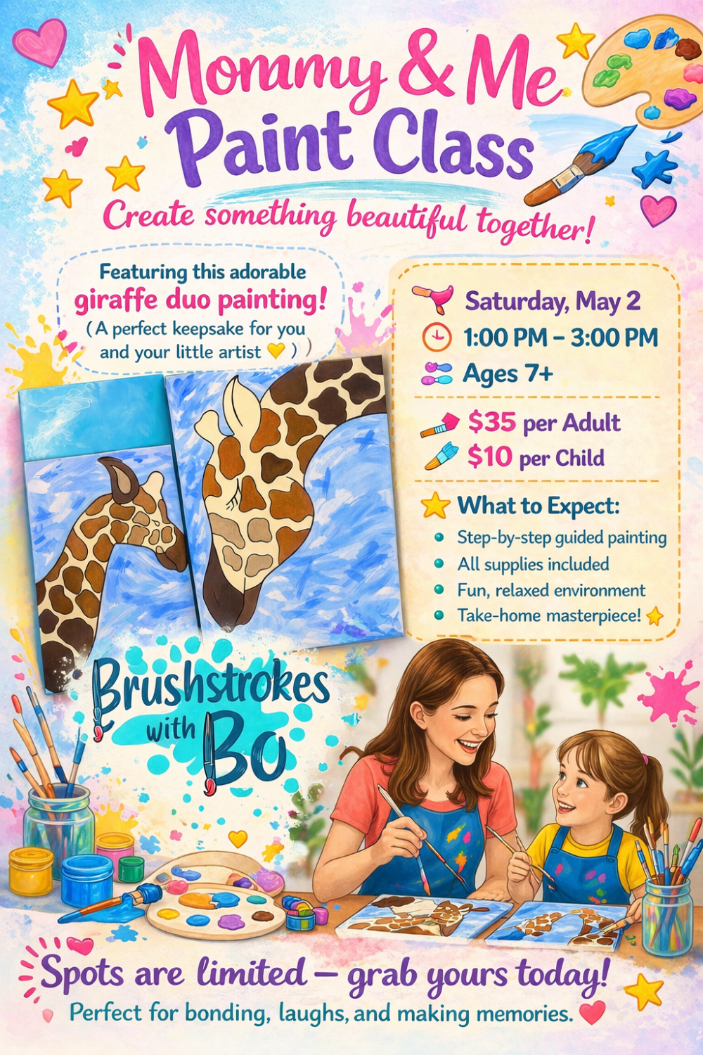 Colorful flyer for Mommy and Me painting class at Quintons Crafthouse with images of a mother and daughter painting, art supplies, and pictures of giraffes.