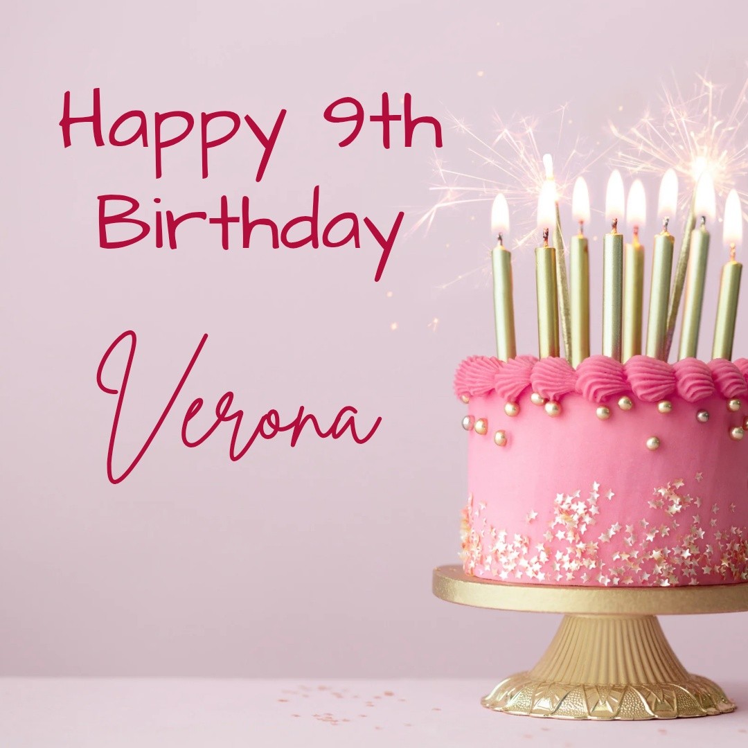 Pink flyer for Verona Coffee's 9th birthday with image of pink birthday cake and gold candles.
