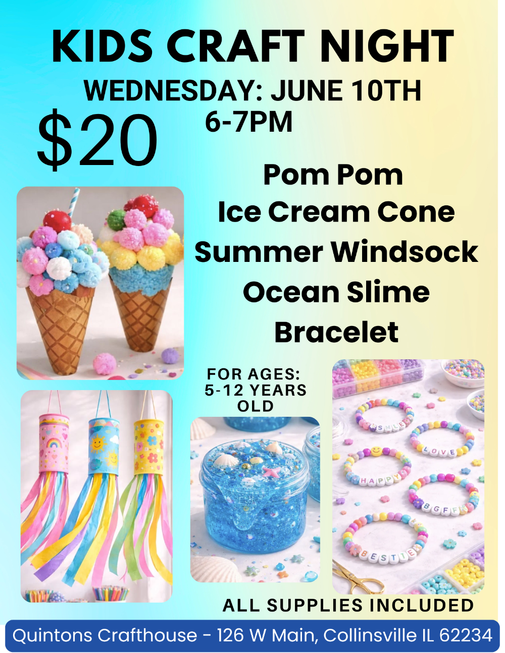 Blue and yellow flyer with black text for Kids Craft Night at Quintons Crafthouse
