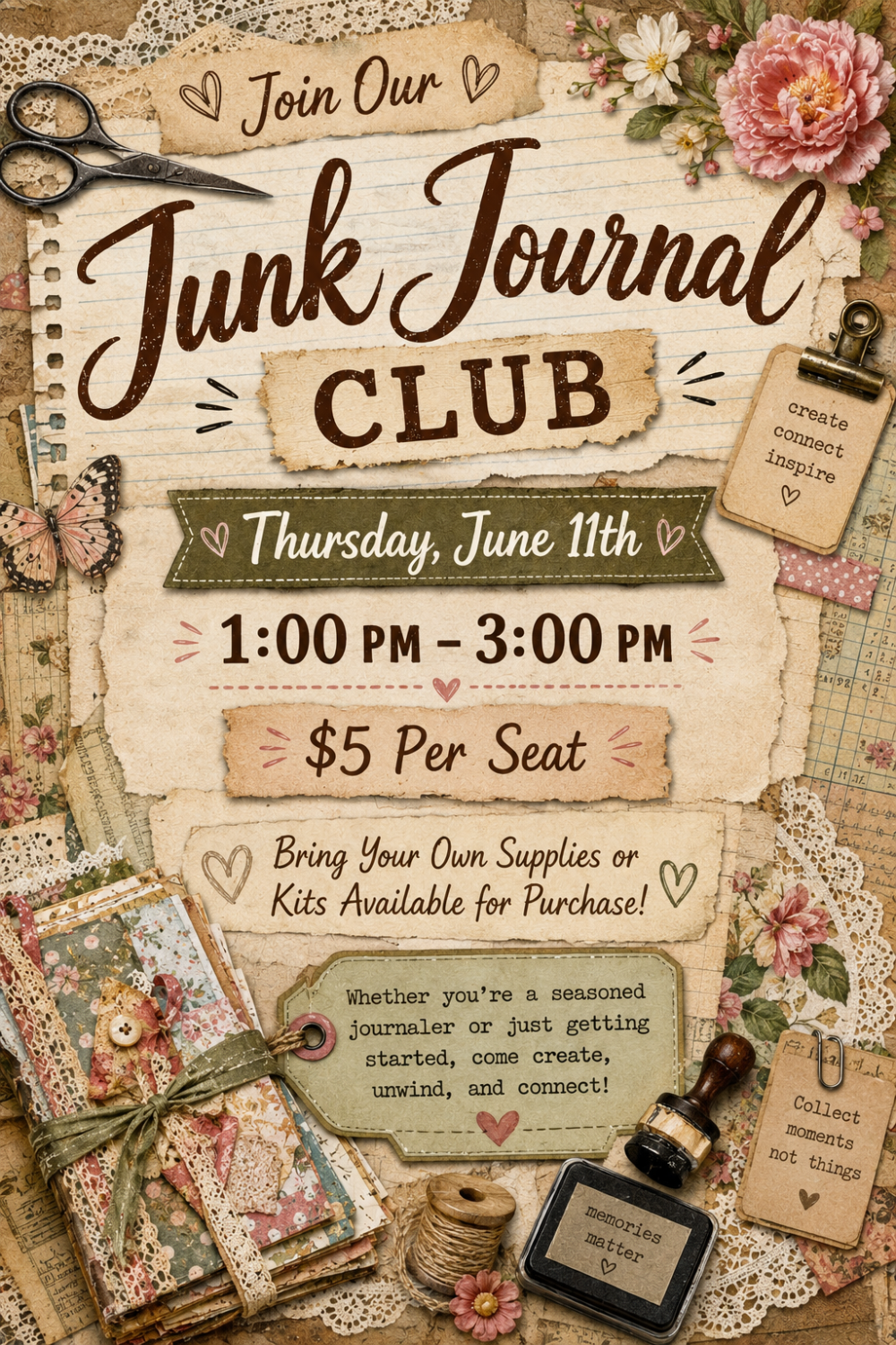 Flyer for Junk Journal Club at Quintons Crafthouse in shades of tan, light green, and light pink with pictures of scissors, stamps, string, and other notions.