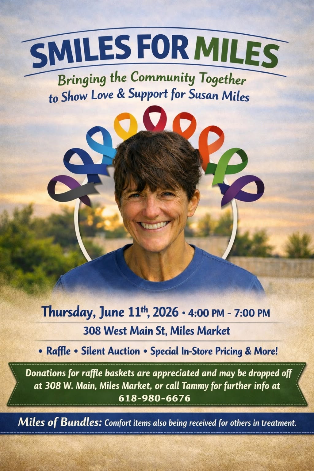 Flyer for Smiles for Miles with image of woman in blue shirt with colorful cancer ribbons