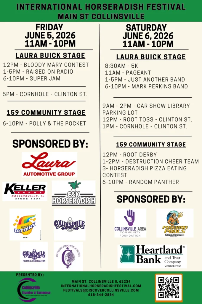 Green and tan flyer with schedule of events for the International Horseradish Festival in Uptown Collinsville.