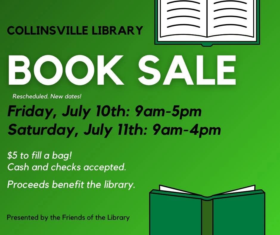 Green, black, and white flyer for the Collinsville Memorial Library book sale