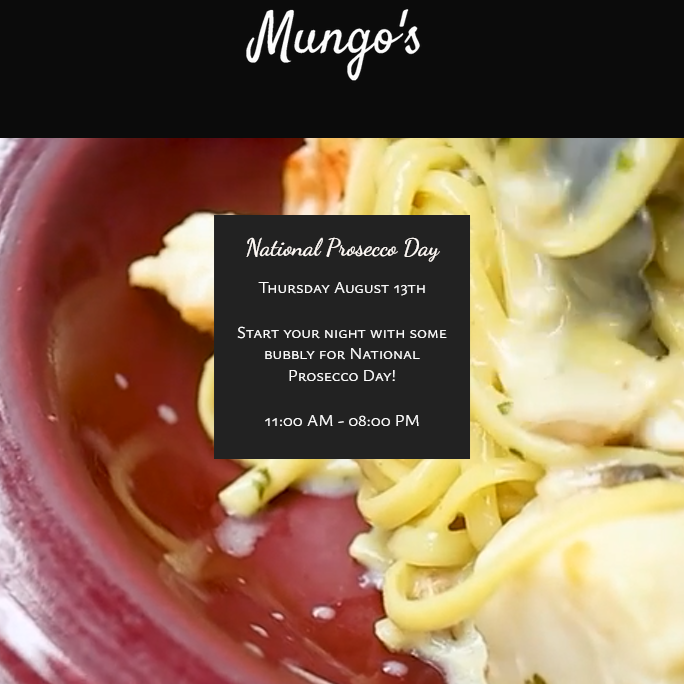 Flyer for National Prosecco Day with a red plate with pasta and white sauce