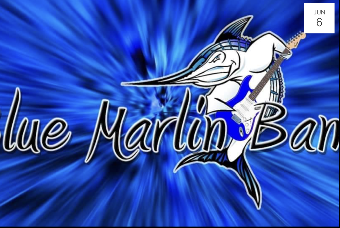 Flyer for Blue Marlin Band with Blue background, black and white text, and a cartoon marlin fish playing an electric guitar.