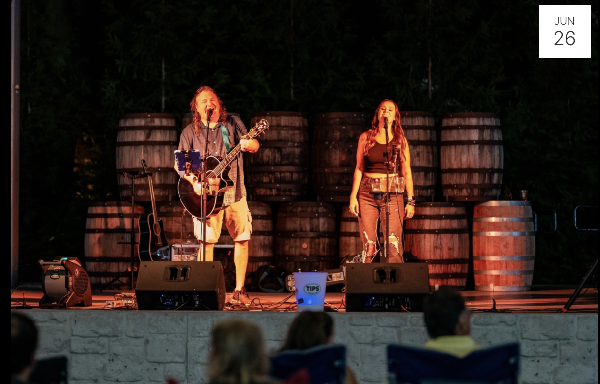 Image of man and woman performing live acoustic music in front of rows of barrels