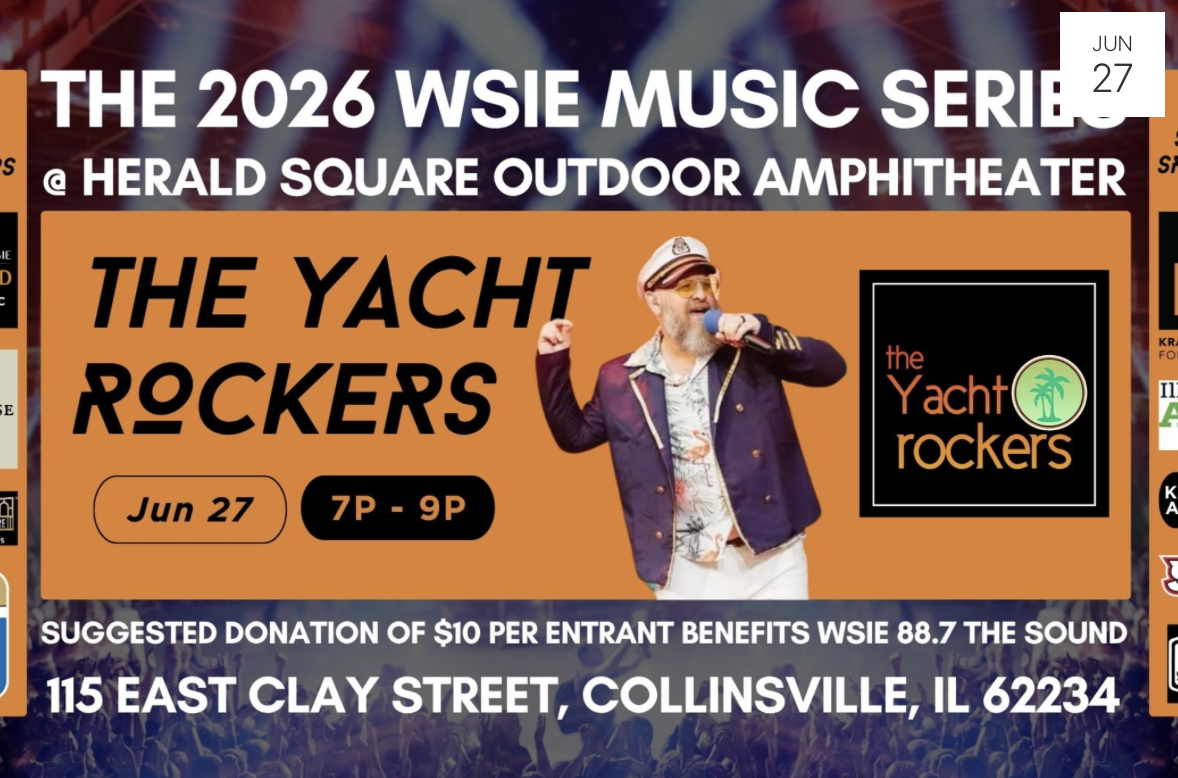 Orange and blue flyer for The Yacht Rockers at PressHouse with white and black text and image of man dressed like a ship captain singing